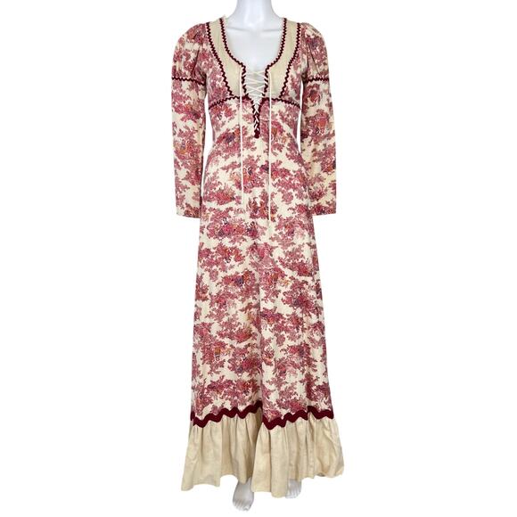 RARE Vintage 60's 70's Gunne Sax Black Label Pink Toile Prairie Maxi Dress (XS) - Picture 1 of 16